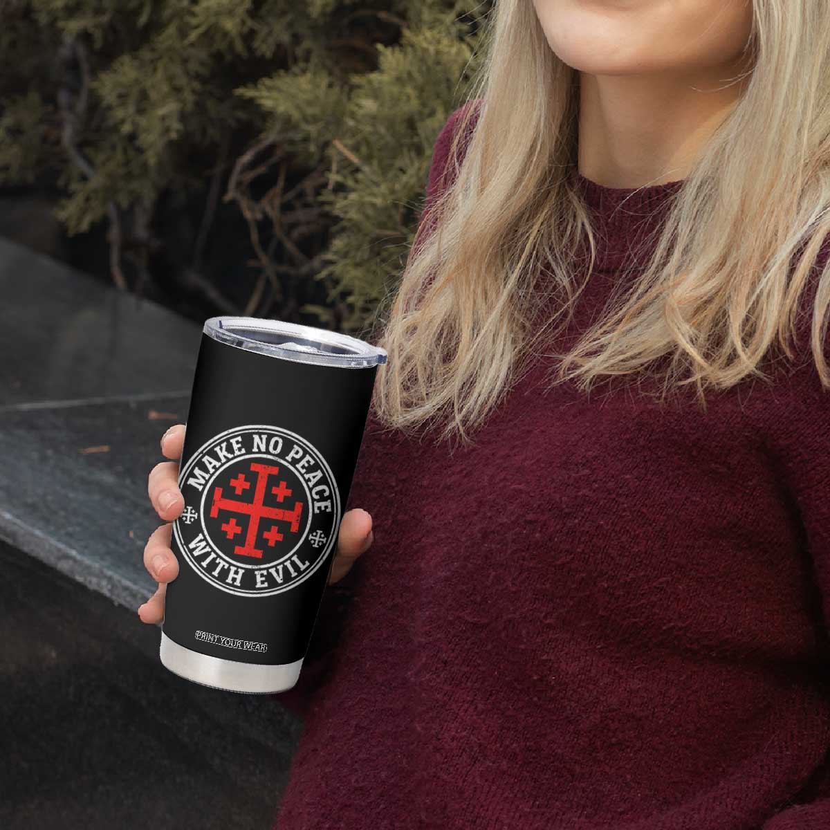 Make No Peace With Evil Jerusalem Cross Tumbler Cup Christian Warrior Crusader Emblem Graphic