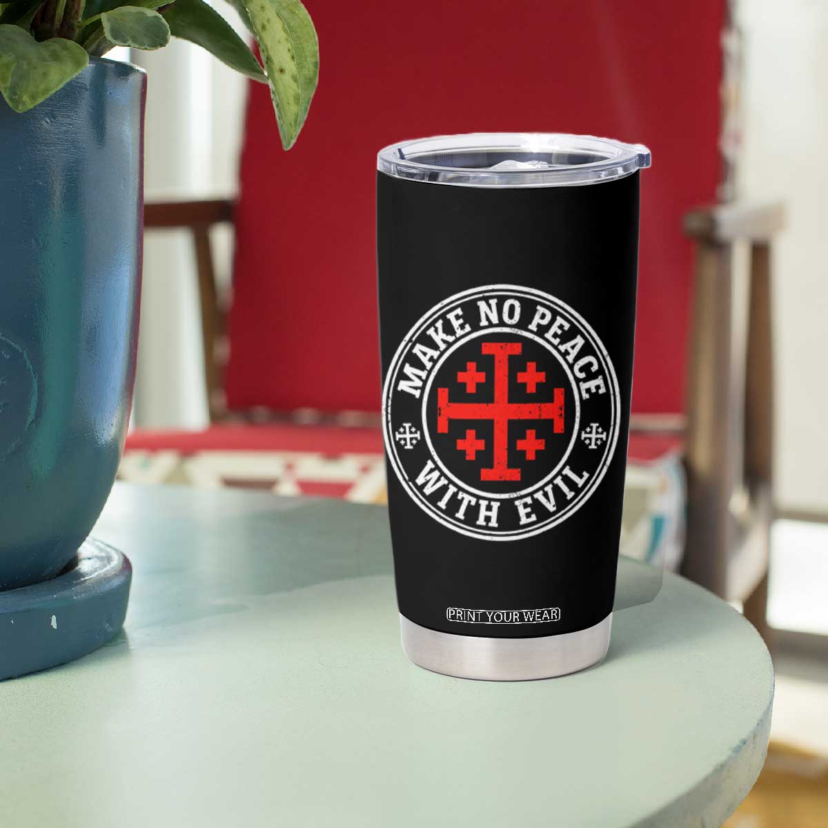 Make No Peace With Evil Jerusalem Cross Tumbler Cup Christian Warrior Crusader Emblem Graphic