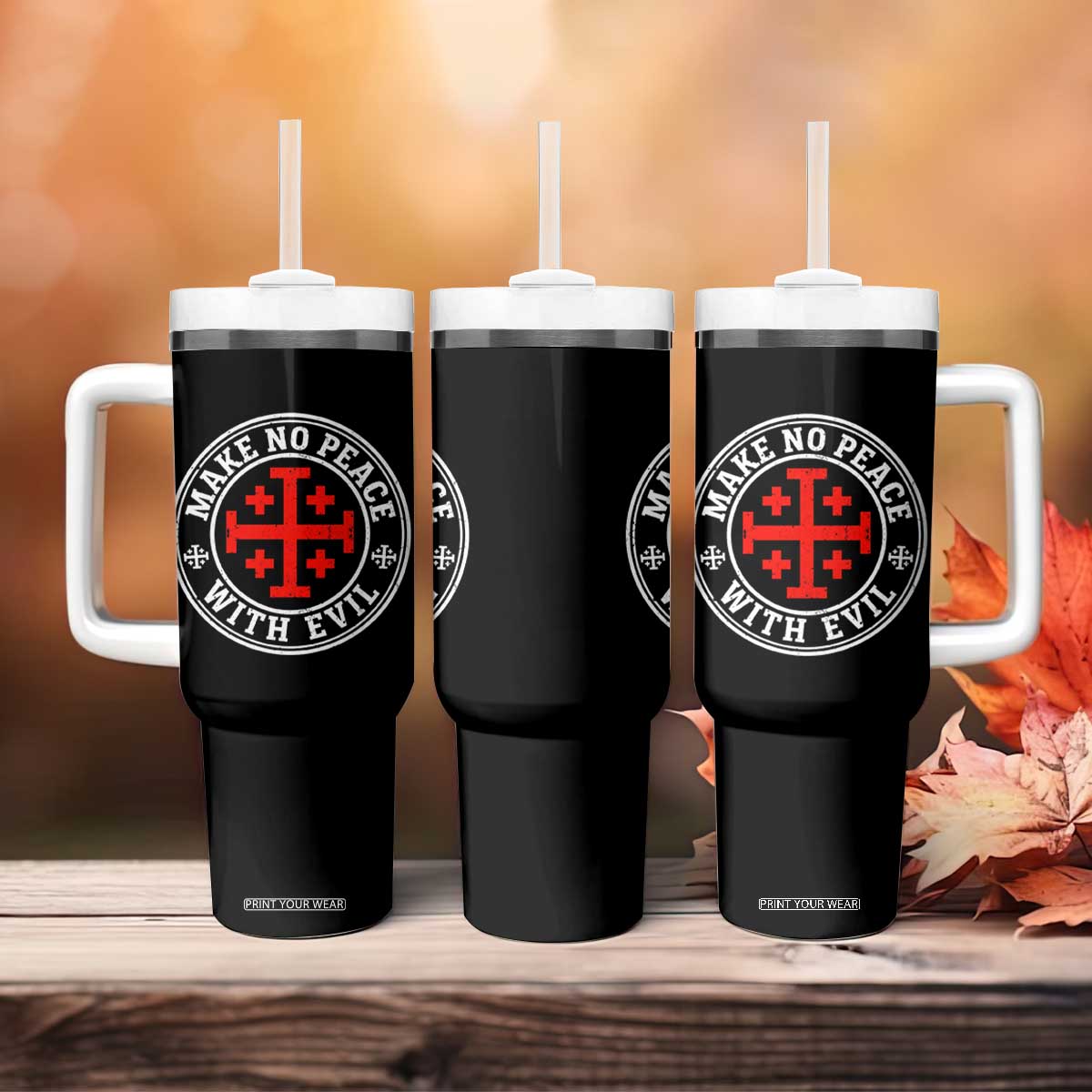Make No Peace With Evil Jerusalem Cross Tumbler With Handle Christian Warrior Crusader Emblem Graphic