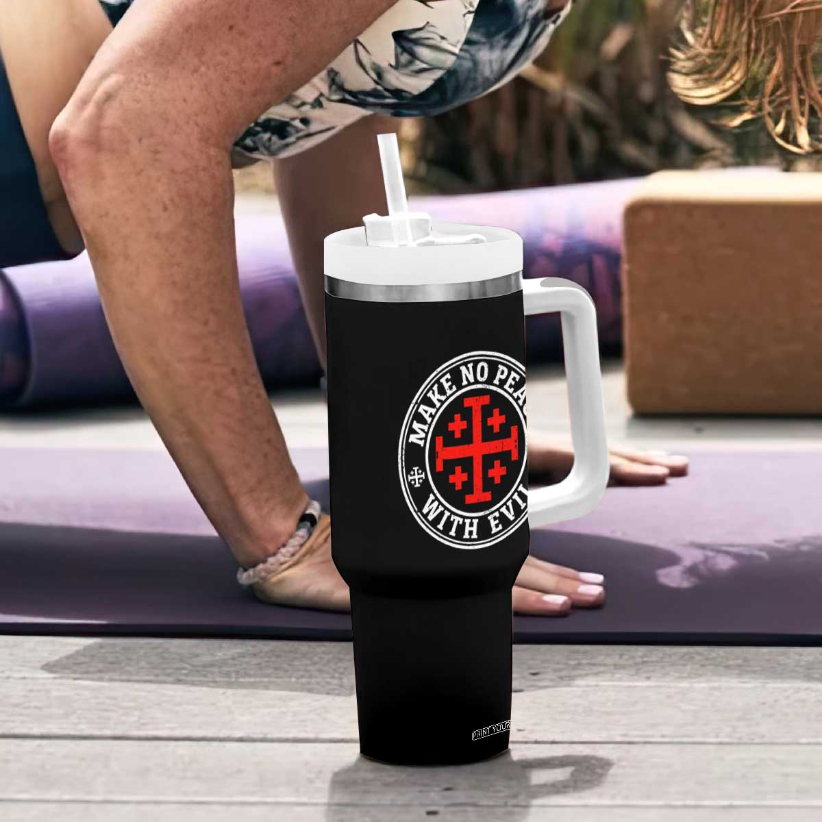 Make No Peace With Evil Jerusalem Cross Tumbler With Handle Christian Warrior Crusader Emblem Graphic