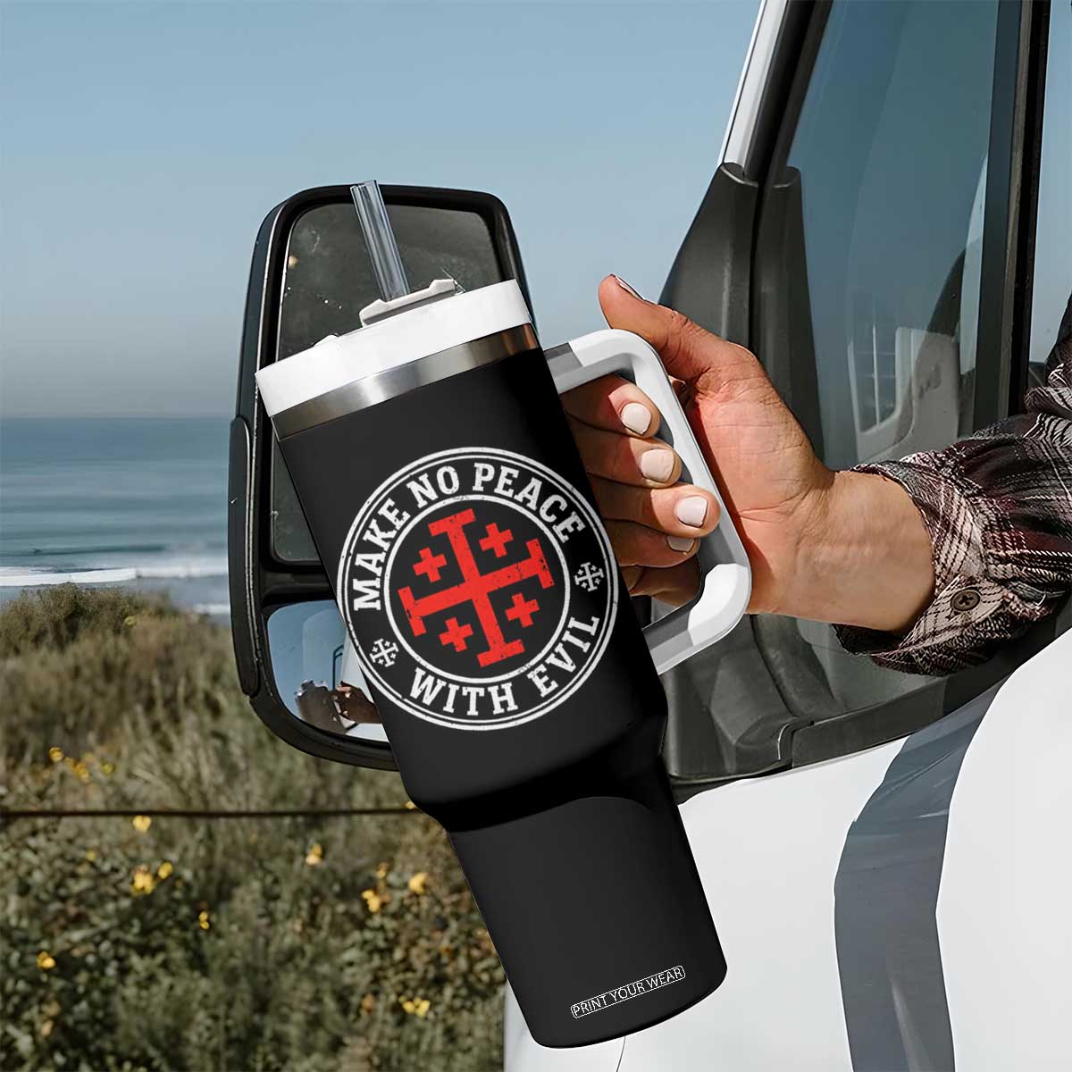 Make No Peace With Evil Jerusalem Cross Tumbler With Handle Christian Warrior Crusader Emblem Graphic