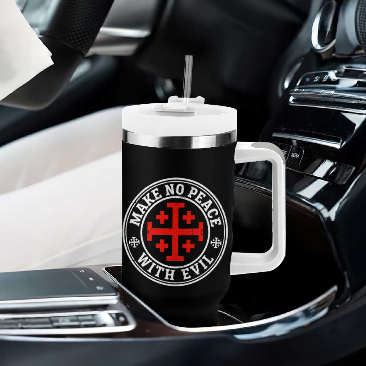 Make No Peace With Evil Jerusalem Cross Tumbler With Handle Christian Warrior Crusader Emblem Graphic