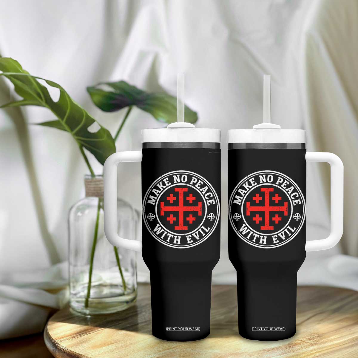Make No Peace With Evil Jerusalem Cross Tumbler With Handle Christian Warrior Crusader Emblem Graphic