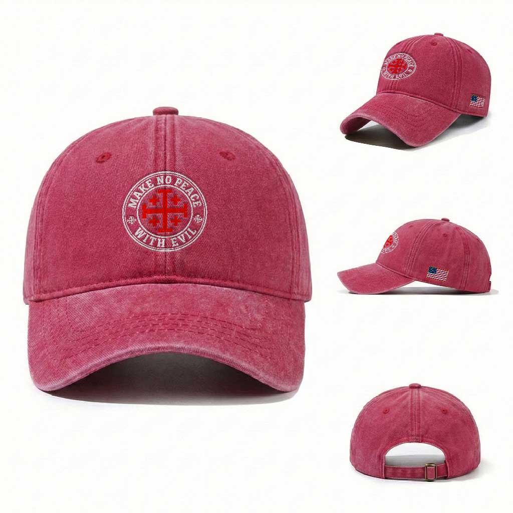 Make No Peace With Evil Jerusalem Cross Washed Cotton Baseball Cap Christian Warrior Crusader Emblem Graphic
