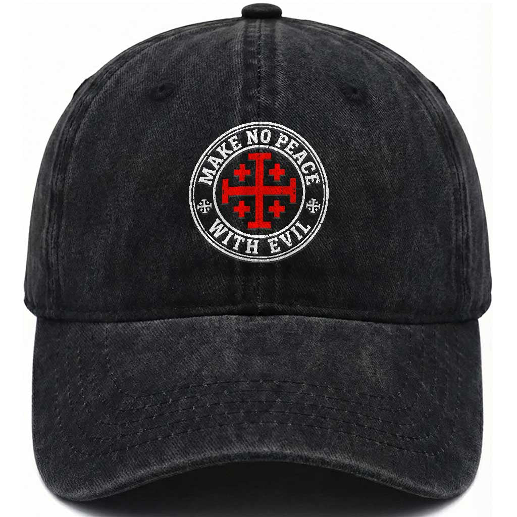 Make No Peace With Evil Jerusalem Cross Washed Cotton Baseball Cap Christian Warrior Crusader Emblem Graphic TS02 Print Your Wear