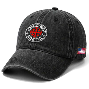 Make No Peace With Evil Jerusalem Cross Washed Cotton Baseball Cap Christian Warrior Crusader Emblem Graphic