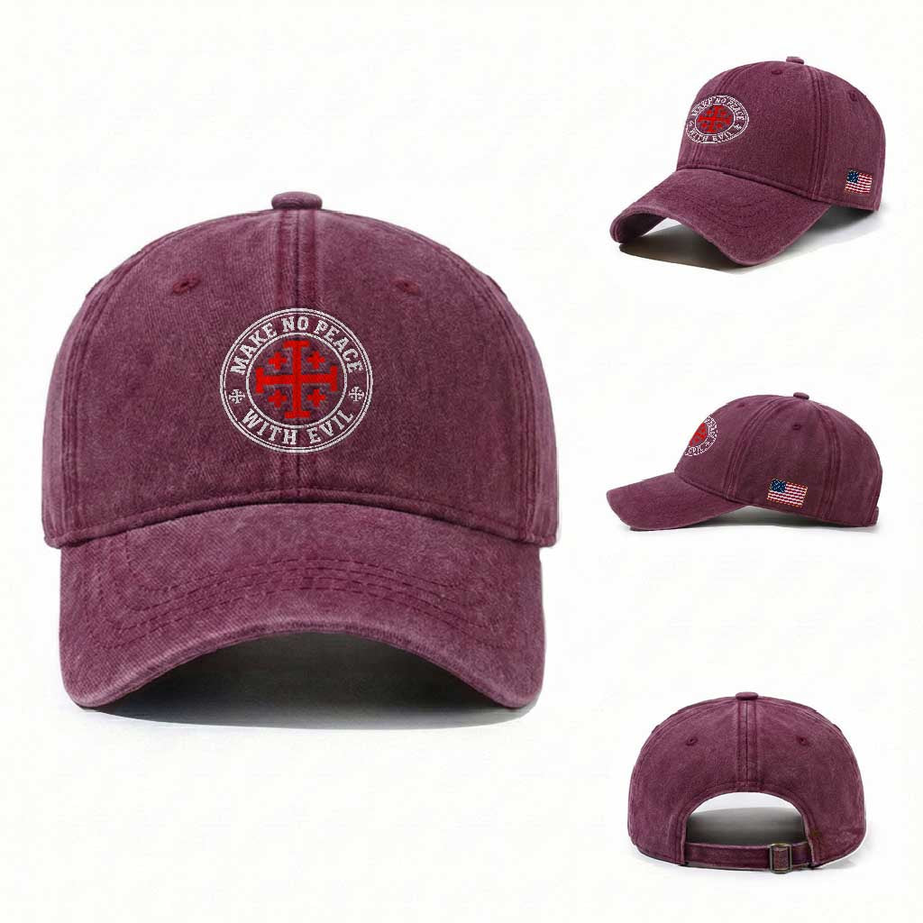 Make No Peace With Evil Jerusalem Cross Washed Cotton Baseball Cap Christian Warrior Crusader Emblem Graphic