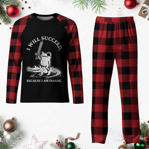 Funny Goblincore Sword Frog Riding Alligator Meme Plaid Pajama Set I Will Succeed Because I Am Insane Chaotic Motivation