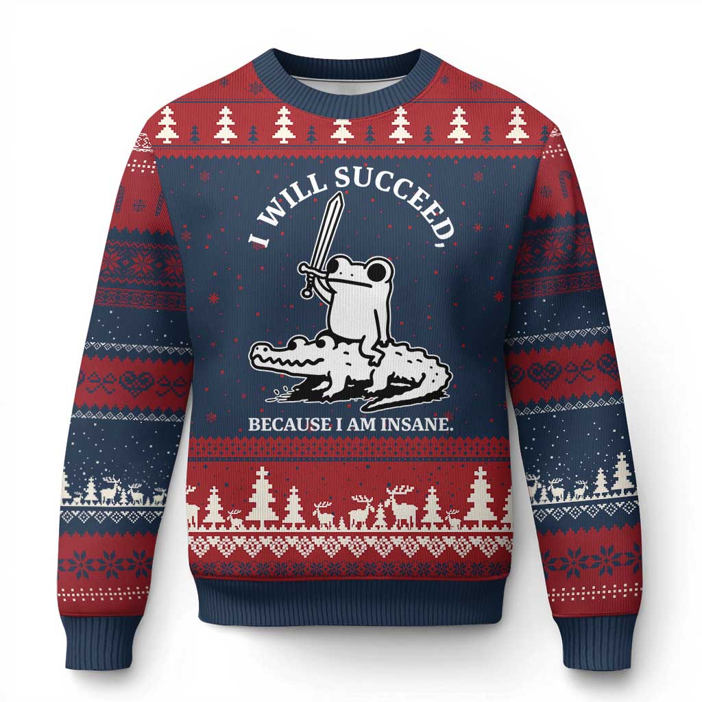 Funny Goblincore Sword Frog Riding Alligator Meme Ugly Christmas Sweater I Will Succeed Because I Am Insane Chaotic Motivation TS02 Navy Red Print Your Wear