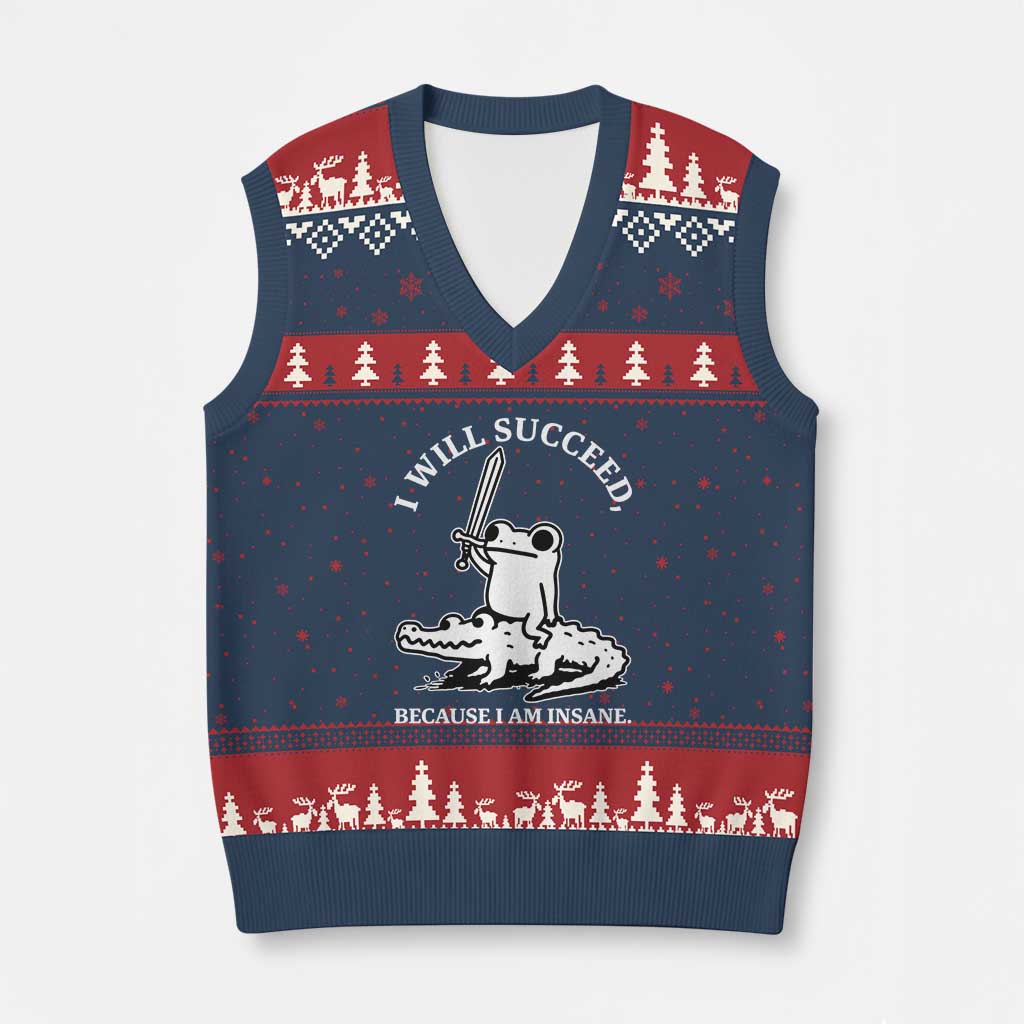 Funny Goblincore Sword Frog Riding Alligator Meme V-Neck Knit Sweater Vest I Will Succeed Because I Am Insane Chaotic Motivation TS02 Navy Red Print Your Wear