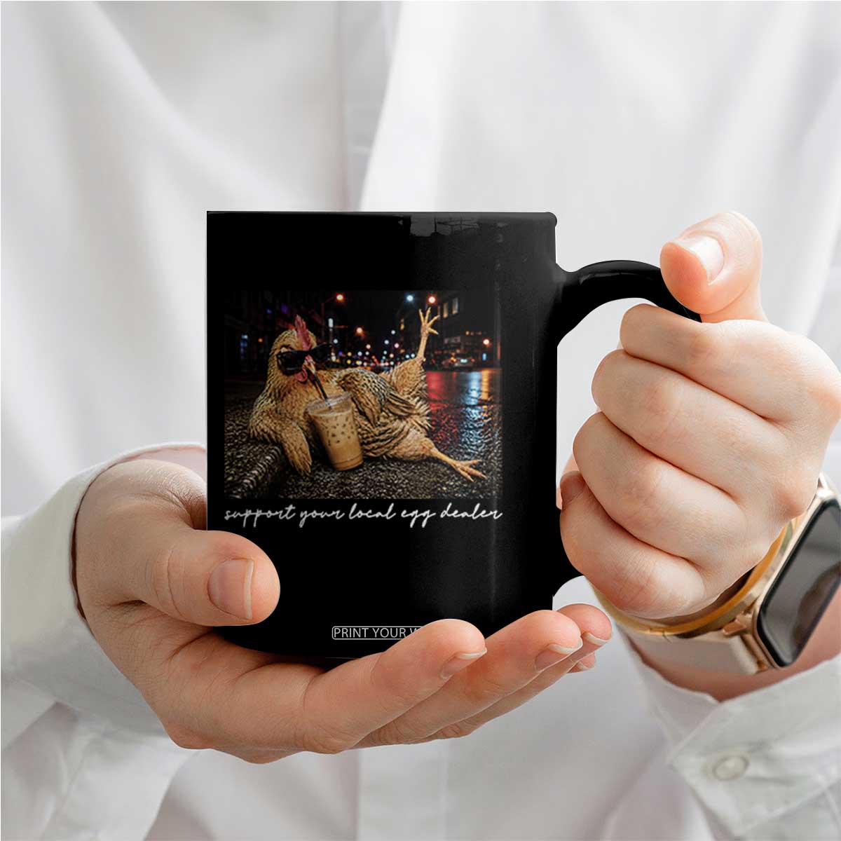 Support Your Local Egg Dealer Chicken Sipping Iced Coffee Graphic Coffee Mug Funny Homesteading Farm Life