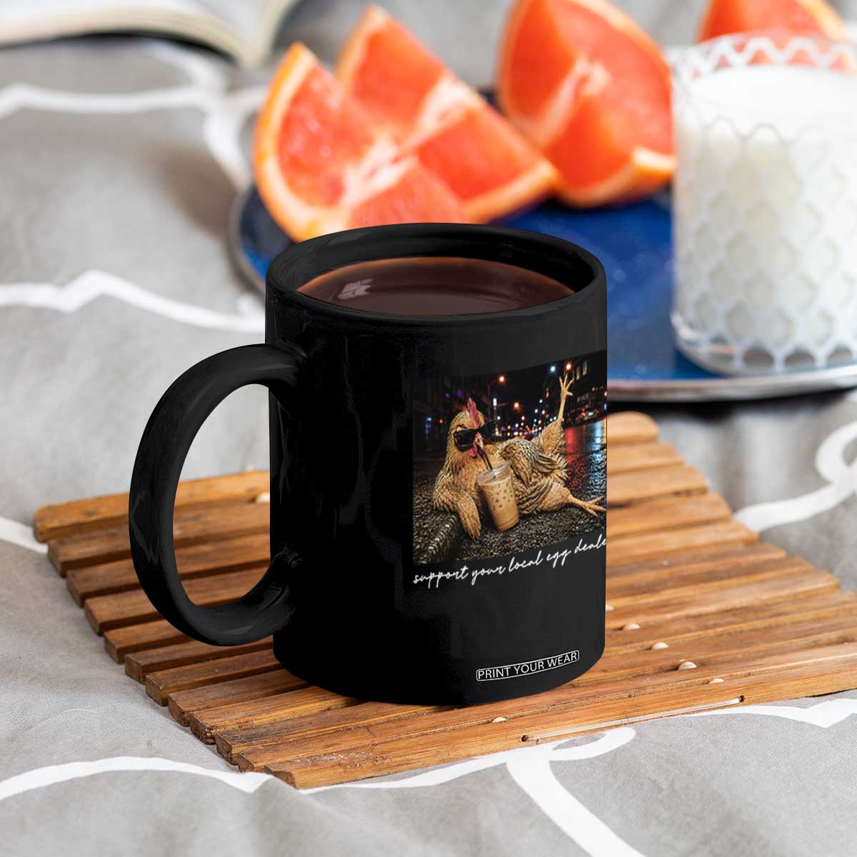 Support Your Local Egg Dealer Chicken Sipping Iced Coffee Graphic Coffee Mug Funny Homesteading Farm Life