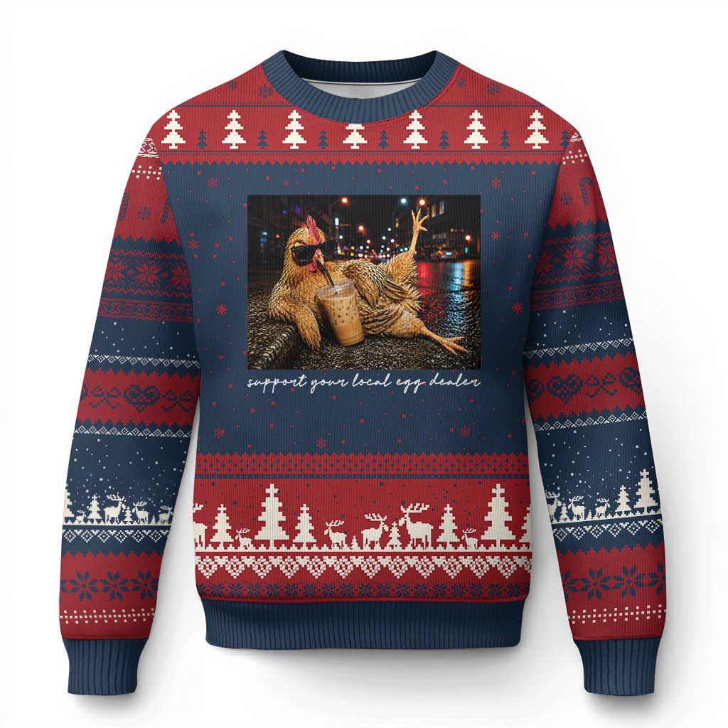 Support Your Local Egg Dealer Chicken Sipping Iced Coffee Graphic Ugly Christmas Sweater Funny Homesteading Farm Life TS02 Navy Red Print Your Wear
