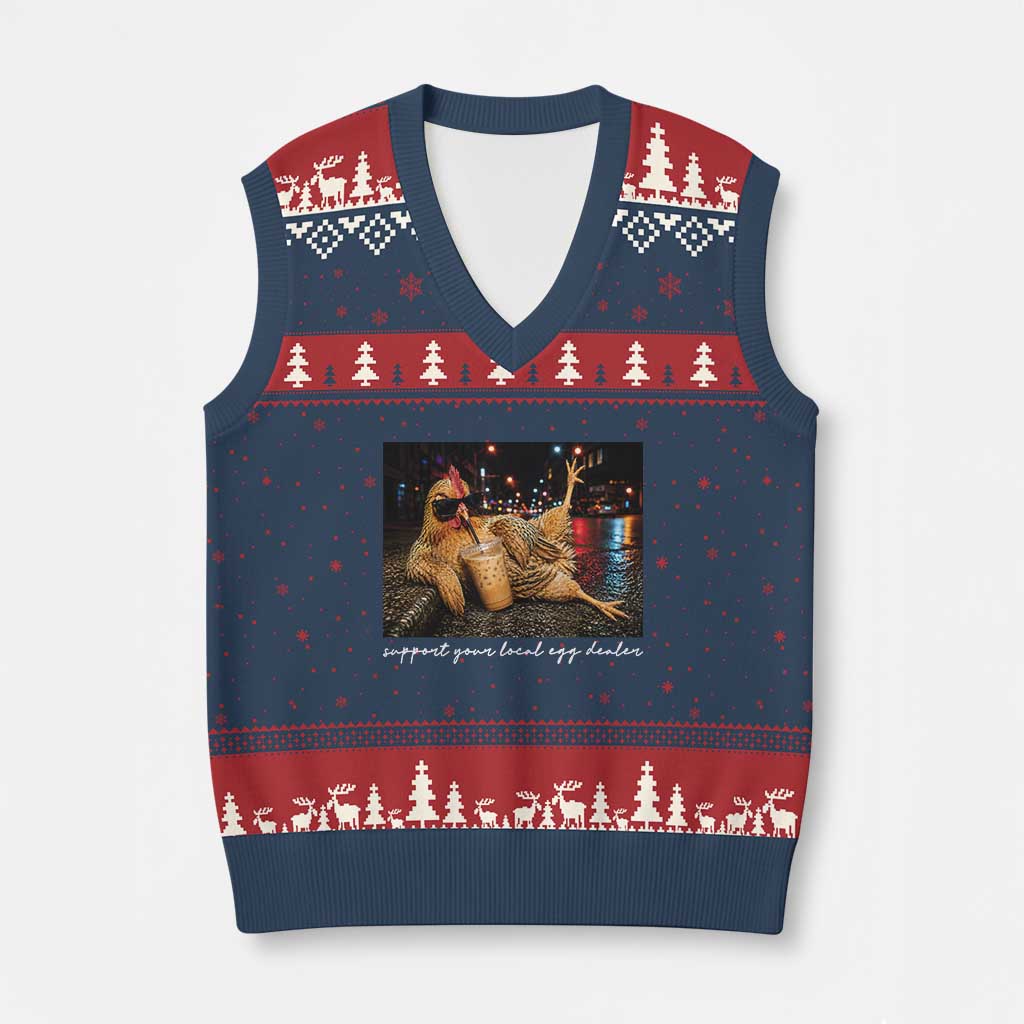 Support Your Local Egg Dealer Chicken Sipping Iced Coffee Graphic V-Neck Knit Sweater Vest Funny Homesteading Farm Life TS02 Navy Red Print Your Wear