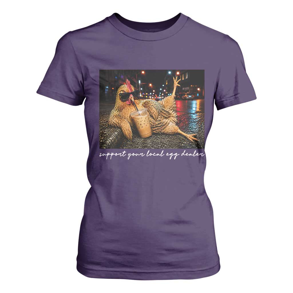 Support Your Local Egg Dealer Chicken Sipping Iced Coffee Graphic T Shirt For Women Funny Homesteading Farm Life