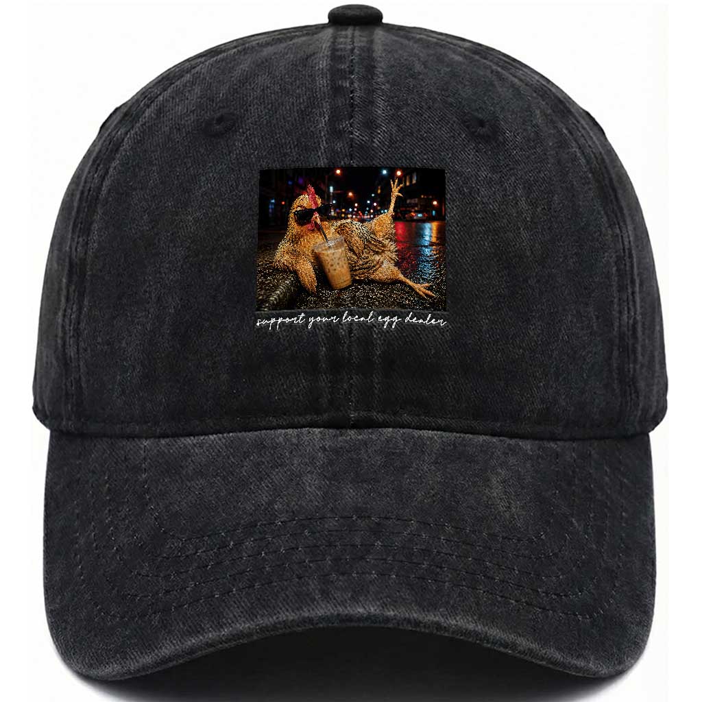 Support Your Local Egg Dealer Chicken Sipping Iced Coffee Graphic Washed Cotton Baseball Cap Funny Homesteading Farm Life TS02 Print Your Wear