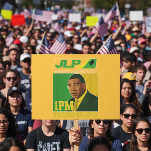 1PM Andrew Holness JPL Supporter Protest Sign Jamaica Labor Party Jamaican Political Pride TS02 Horizontal 18" × 24" Yellow Print Your Wear