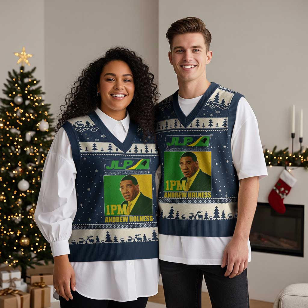 1PM Andrew Holness JPL Supporter V-Neck Knit Sweater Vest Jamaica Labor Party Jamaican Political Pride TS02 Navy Beige Print Your Wear