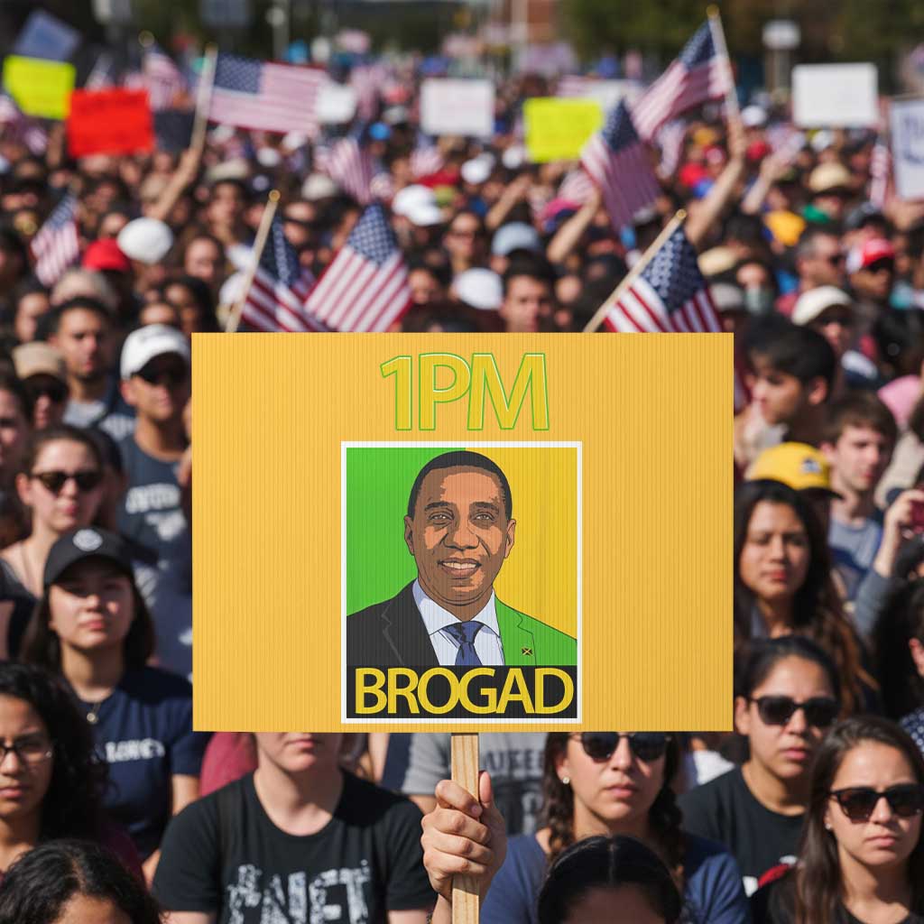 1PM BROGAD JLP Supporter Andrew Holness Protest Sign Jamaica Labor Party Politics TS02 Horizontal 18