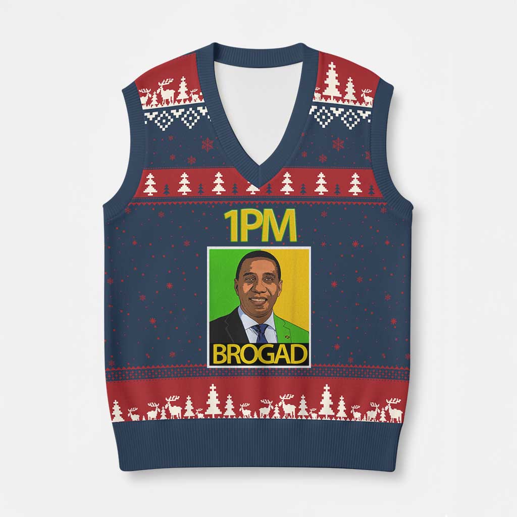 1PM BROGAD JLP Supporter Andrew Holness V-Neck Knit Sweater Vest Jamaica Labor Party Politics TS02 Navy Red Print Your Wear