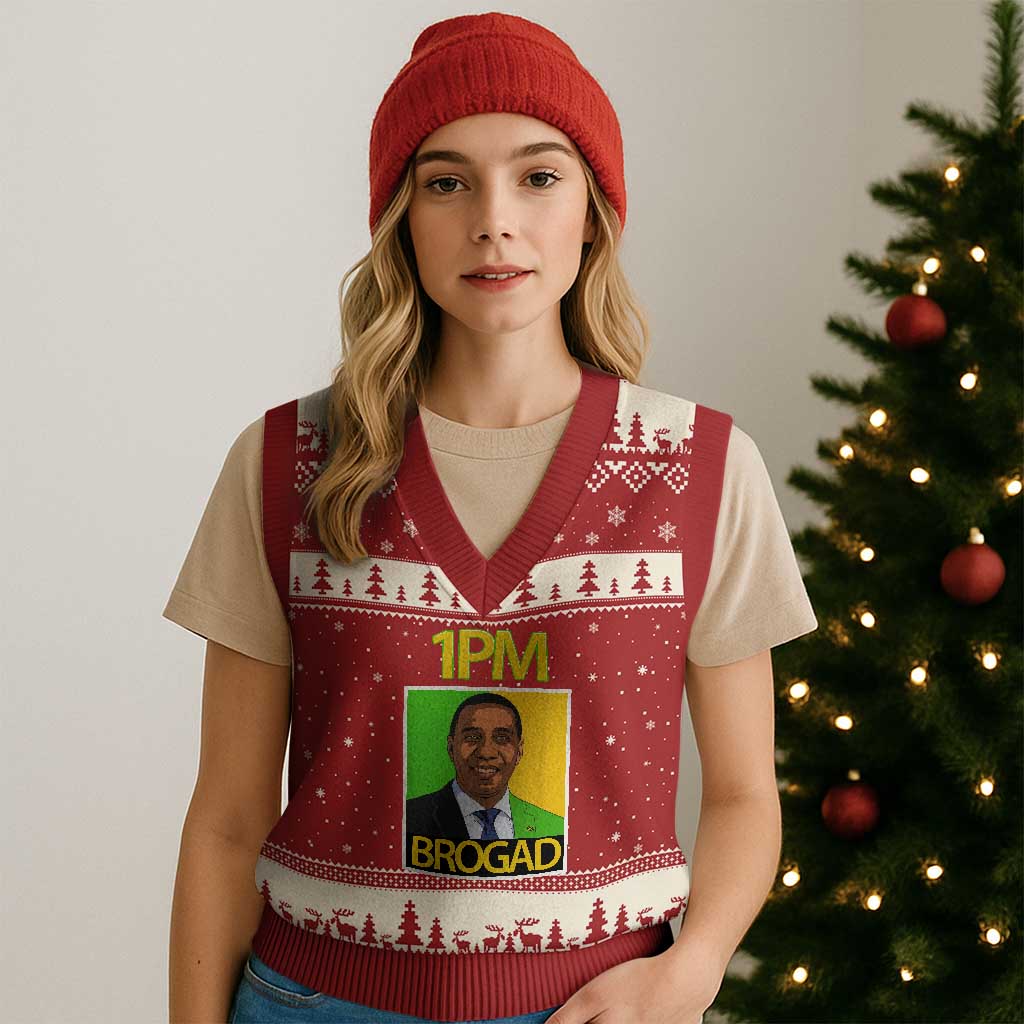 1PM BROGAD JLP Supporter Andrew Holness V-Neck Knit Sweater Vest Jamaica Labor Party Politics TS02 Red Beige Print Your Wear