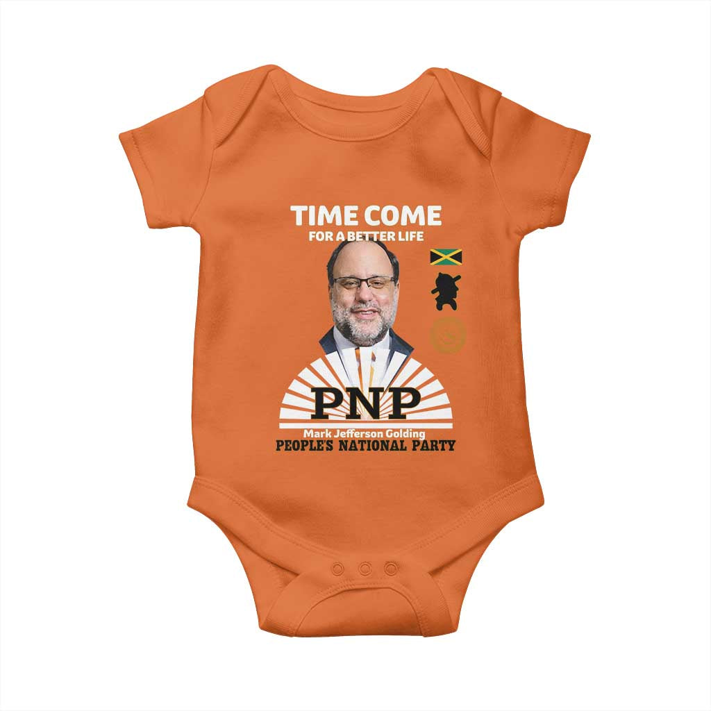 Mark Golding PNP Supporter Baby Onesie Time Come for a Better Life Jamaica Politics People's National Party TS02 Orange Print Your Wear