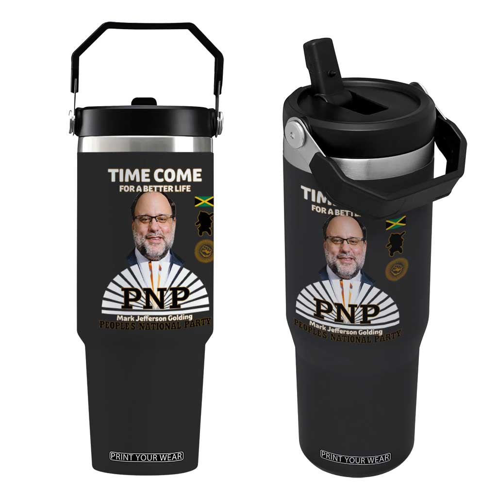 Mark Golding PNP Supporter Flip Straw Tumbler Time Come for a Better Life Jamaica Politics People's National Party TS02 One Size: 30 oz Black Print Your Wear