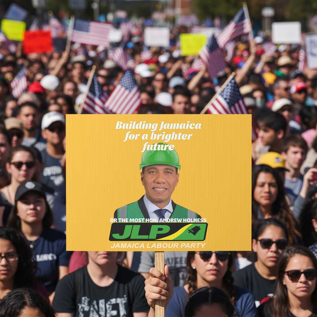 Dr Most Hon Andrew Holness JLP Supporter Protest Sign Building Jamaica for a Brighter Future Jamaica Labor Party Politics TS02 Horizontal 18" × 24" Yellow Print Your Wear