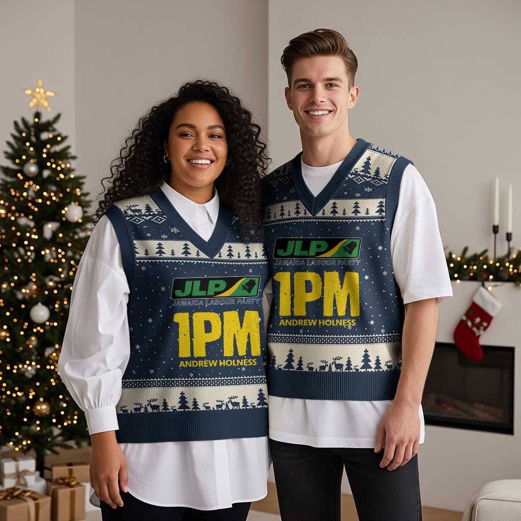 1PM Andrew Holness V-Neck Knit Sweater Vest Support JLP Jamaica Labour Party TS02 Navy Beige Print Your Wear