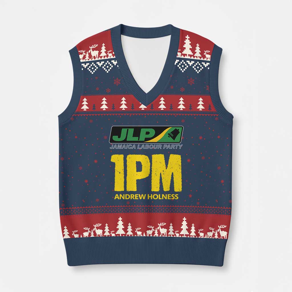 1PM Andrew Holness V-Neck Knit Sweater Vest Support JLP Jamaica Labour Party TS02 Navy Red Print Your Wear