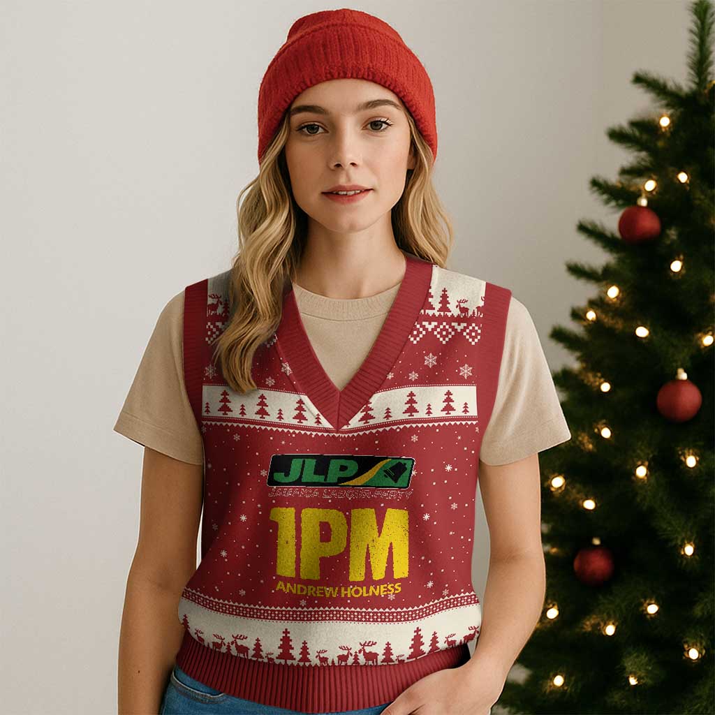1PM Andrew Holness V-Neck Knit Sweater Vest Support JLP Jamaica Labour Party TS02 Red Beige Print Your Wear
