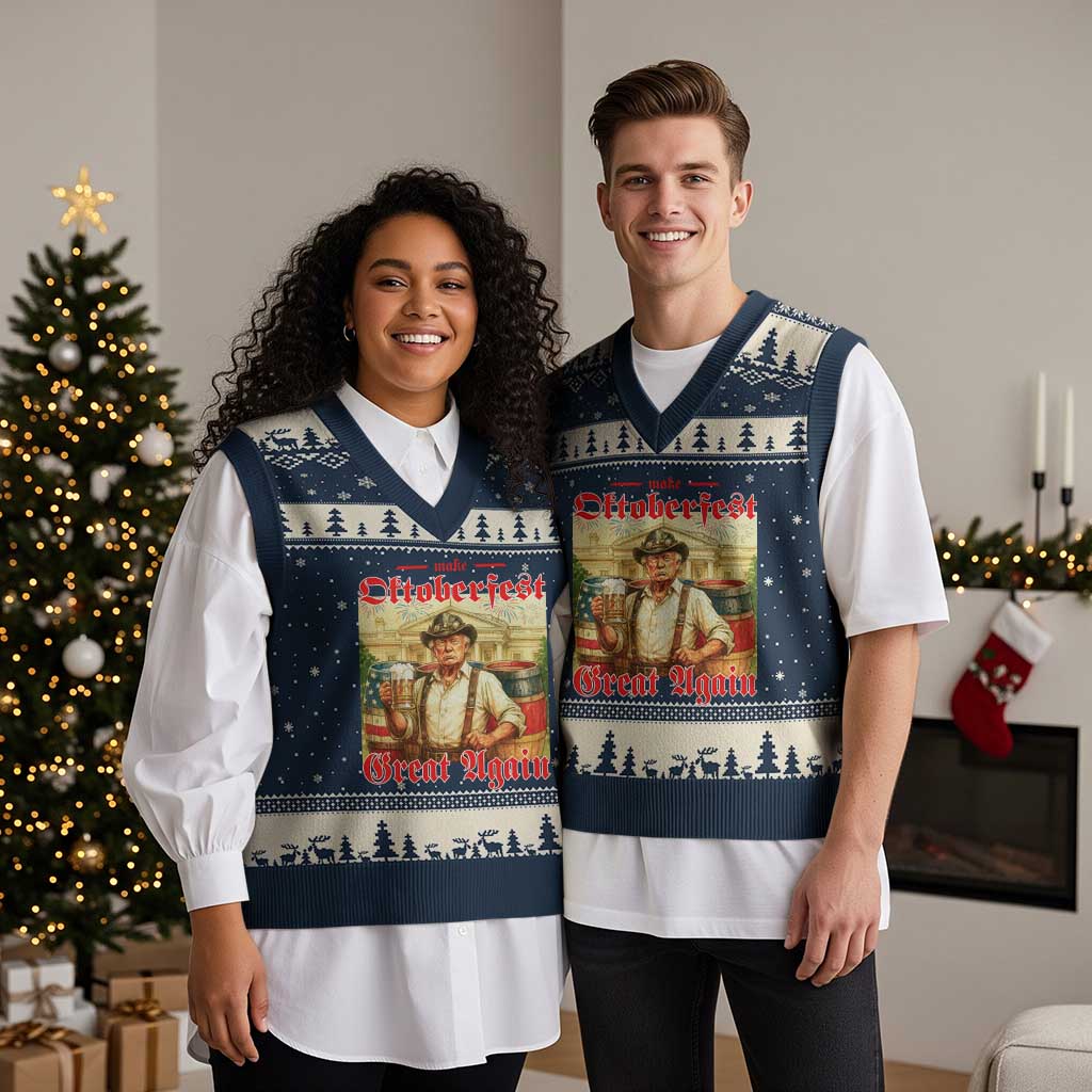Make Oktoberfest Great Again V-Neck Knit Sweater Vest Funny Trump Patriotic Beer Festival Parody TS02 Navy Beige Print Your Wear