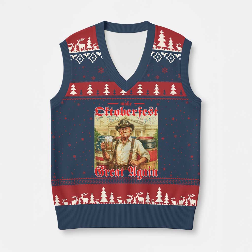 Make Oktoberfest Great Again V-Neck Knit Sweater Vest Funny Trump Patriotic Beer Festival Parody TS02 Navy Red Print Your Wear