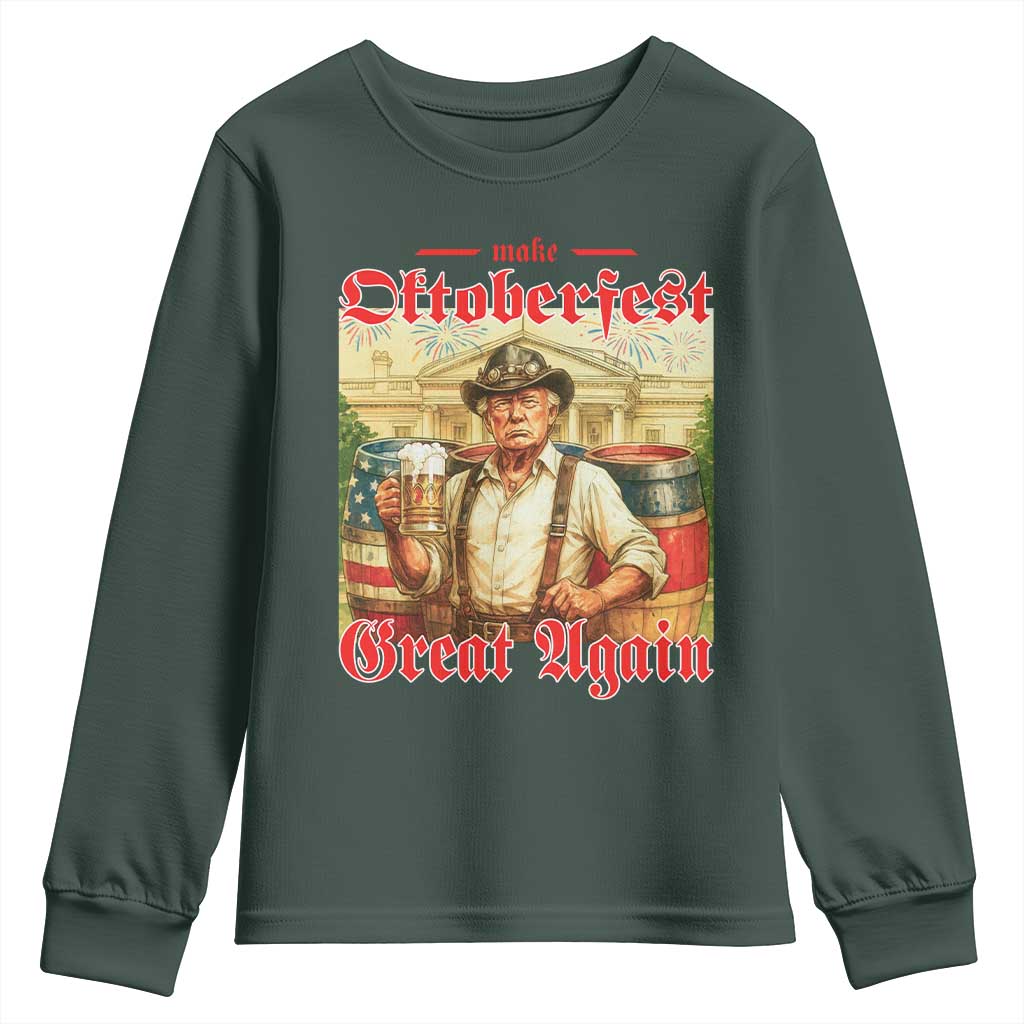 Make Oktoberfest Great Again Youth Sweatshirt Funny Trump Patriotic Beer Festival Parody TS02 Dark Forest Green Print Your Wear