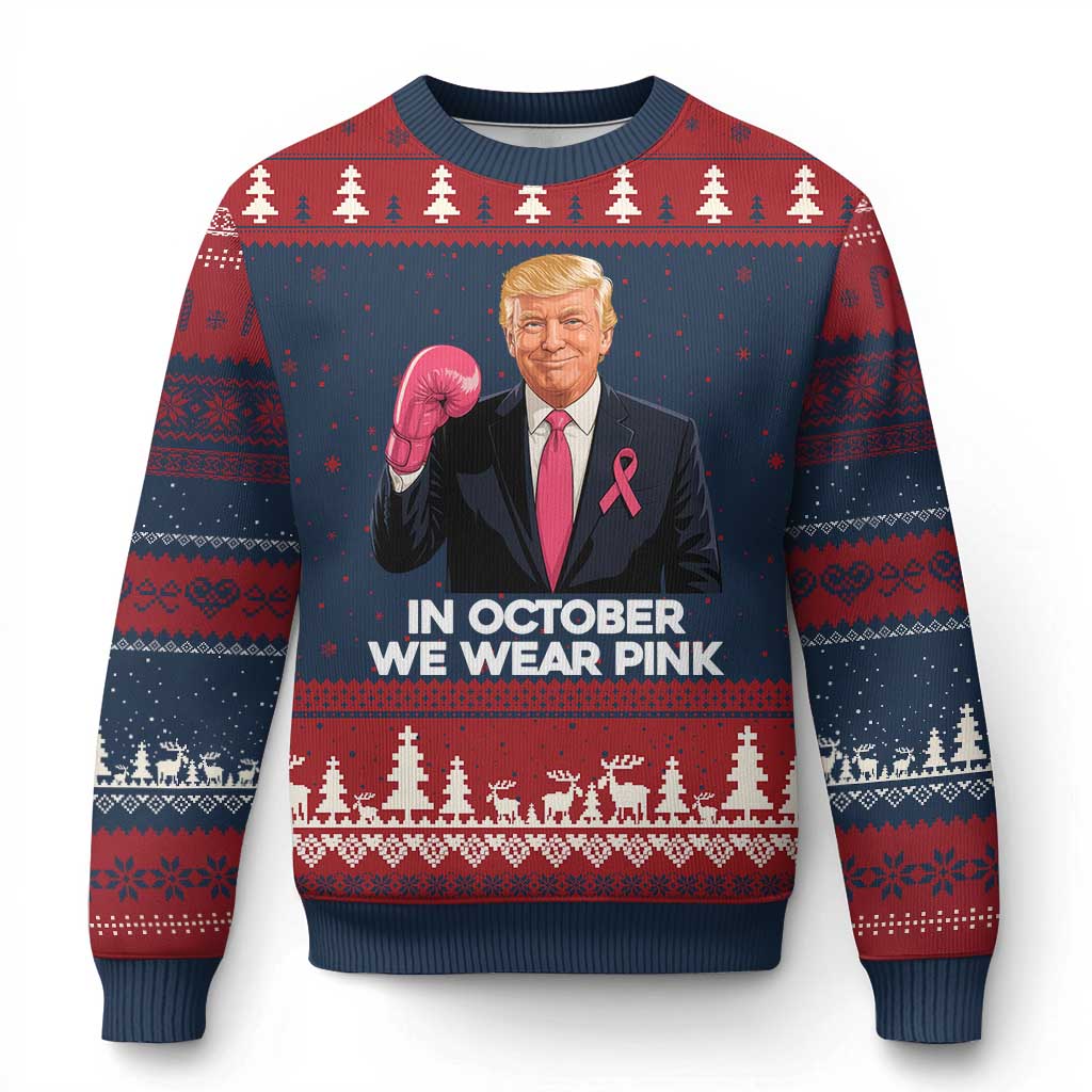 Support Breast Cancer Trump Ugly Christmas Sweater In October We Wear Pink Boxing Glove Warrior Fight TS02 Navy Red Print Your Wear
