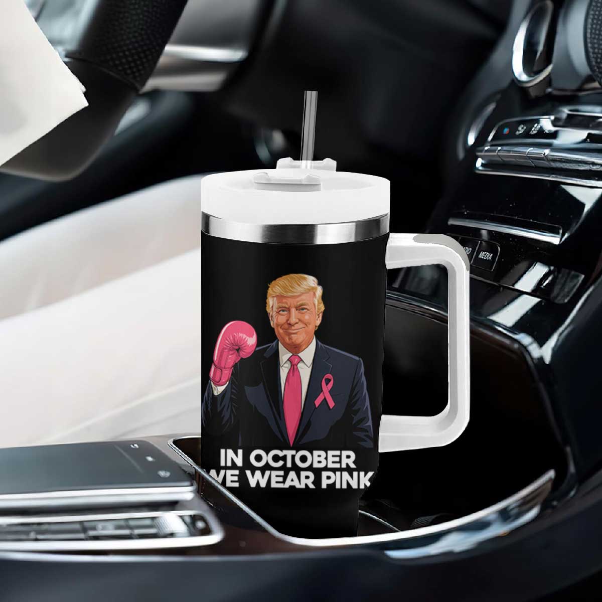 Support Breast Cancer Trump Tumbler With Handle In October We Wear Pink Boxing Glove Warrior Fight TS02 Print Your Wear