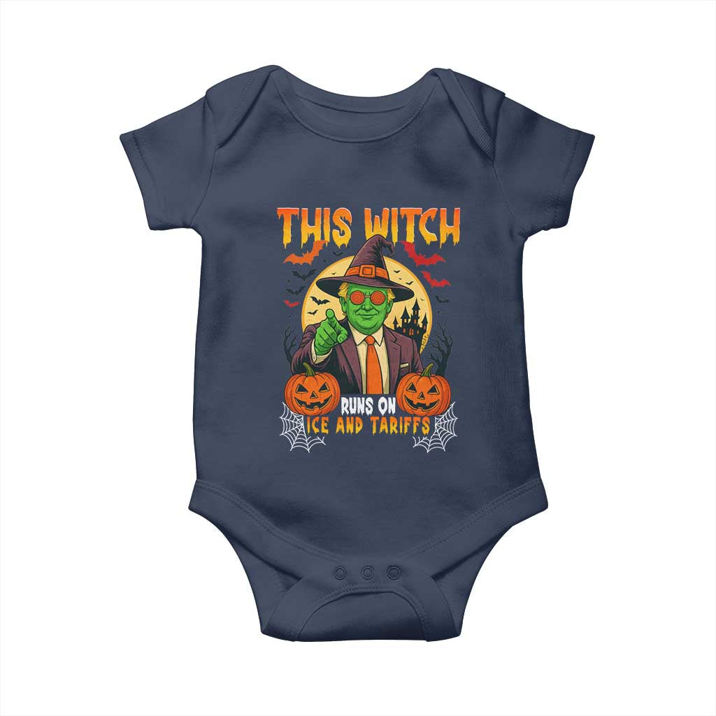 Funny Sarcastic Trump Witch Baby Onesie This Witch Runs On Ice and Tariffs Political Satire TS02 Navy Print Your Wear