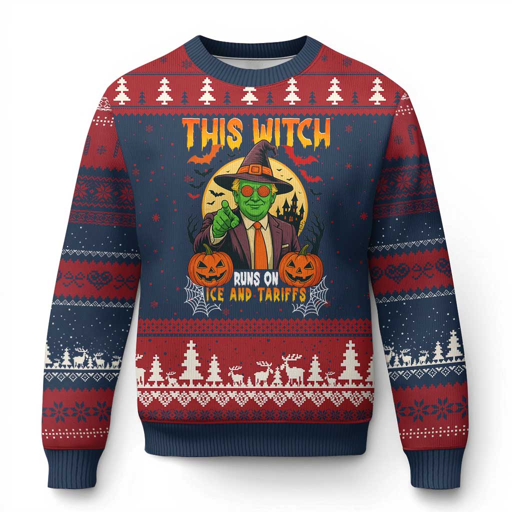 Funny Sarcastic Trump Witch Ugly Christmas Sweater This Witch Runs On Ice and Tariffs Political Satire TS02 Navy Red Print Your Wear