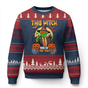 Funny Sarcastic Trump Witch Ugly Christmas Sweater This Witch Runs On Ice and Tariffs Political Satire TS02 Navy Red Print Your Wear