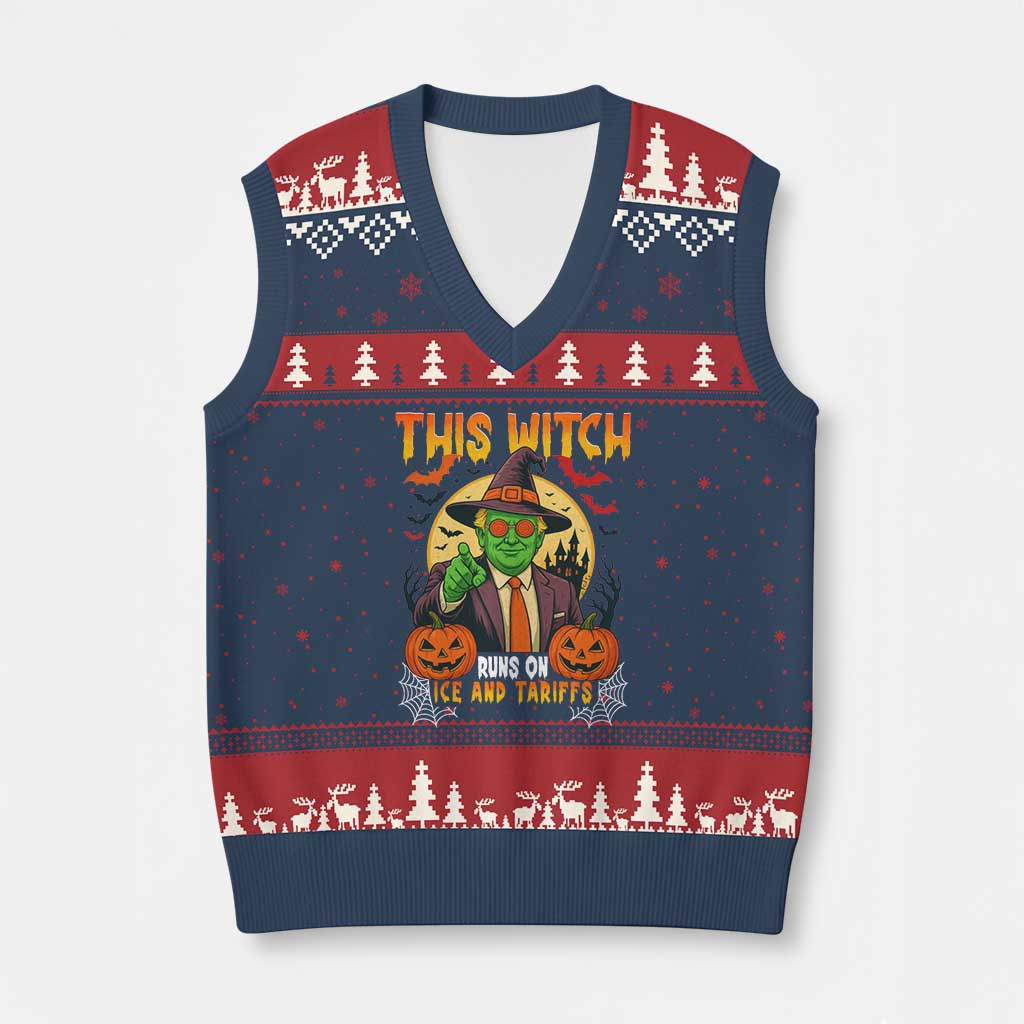 Funny Sarcastic Trump Witch V-Neck Knit Sweater Vest This Witch Runs On Ice and Tariffs Political Satire TS02 Navy Red Print Your Wear