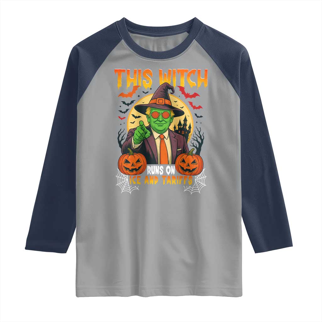Funny Sarcastic Trump Witch Raglan Shirt This Witch Runs On Ice and Tariffs Political Satire TS02 Sport Gray Navy Print Your Wear
