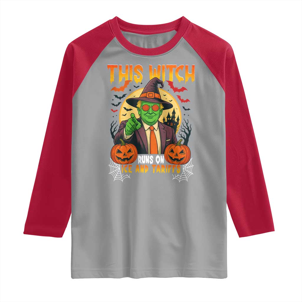 Funny Sarcastic Trump Witch Raglan Shirt This Witch Runs On Ice and Tariffs Political Satire TS02 Sport Gray Red Print Your Wear