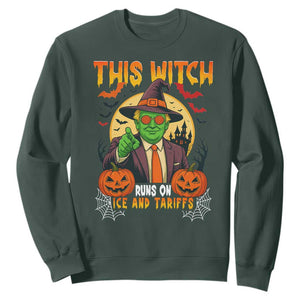 Funny Sarcastic Trump Witch Sweatshirt This Witch Runs On Ice and Tariffs Political Satire TS02 Dark Forest Green Print Your Wear