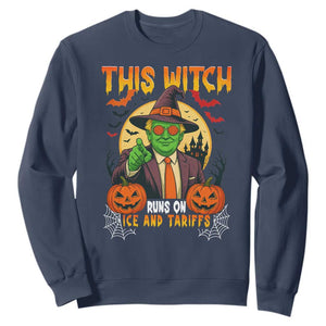 Funny Sarcastic Trump Witch Sweatshirt This Witch Runs On Ice and Tariffs Political Satire TS02 Navy Print Your Wear