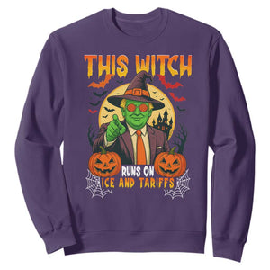 Funny Sarcastic Trump Witch Sweatshirt This Witch Runs On Ice and Tariffs Political Satire TS02 Purple Print Your Wear