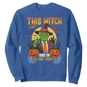 Funny Sarcastic Trump Witch Sweatshirt This Witch Runs On Ice and Tariffs Political Satire TS02 Royal Blue Print Your Wear