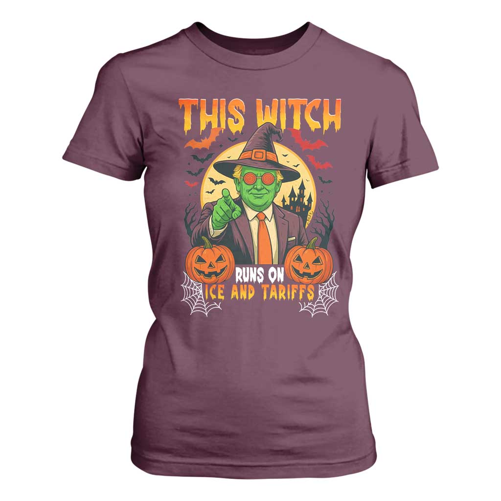 Funny Sarcastic Trump Witch T Shirt For Women This Witch Runs On Ice and Tariffs Political Satire TS02 Maroon Print Your Wear