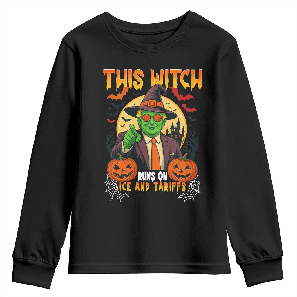 Funny Sarcastic Trump Witch Youth Sweatshirt This Witch Runs On Ice and Tariffs Political Satire TS02 Black Print Your Wear