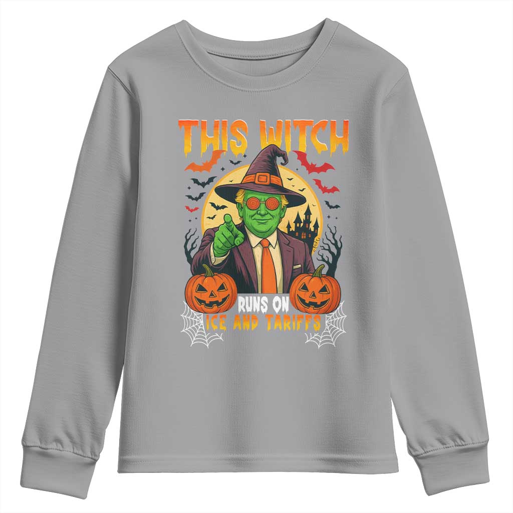 Funny Sarcastic Trump Witch Youth Sweatshirt This Witch Runs On Ice and Tariffs Political Satire TS02 Sport Gray Print Your Wear