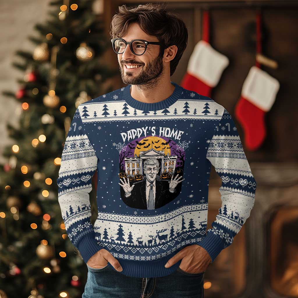 Funny Trump Halloween Ugly Christmas Sweater Daddy Home White House Spooky Season TS02 Navy Beige Print Your Wear